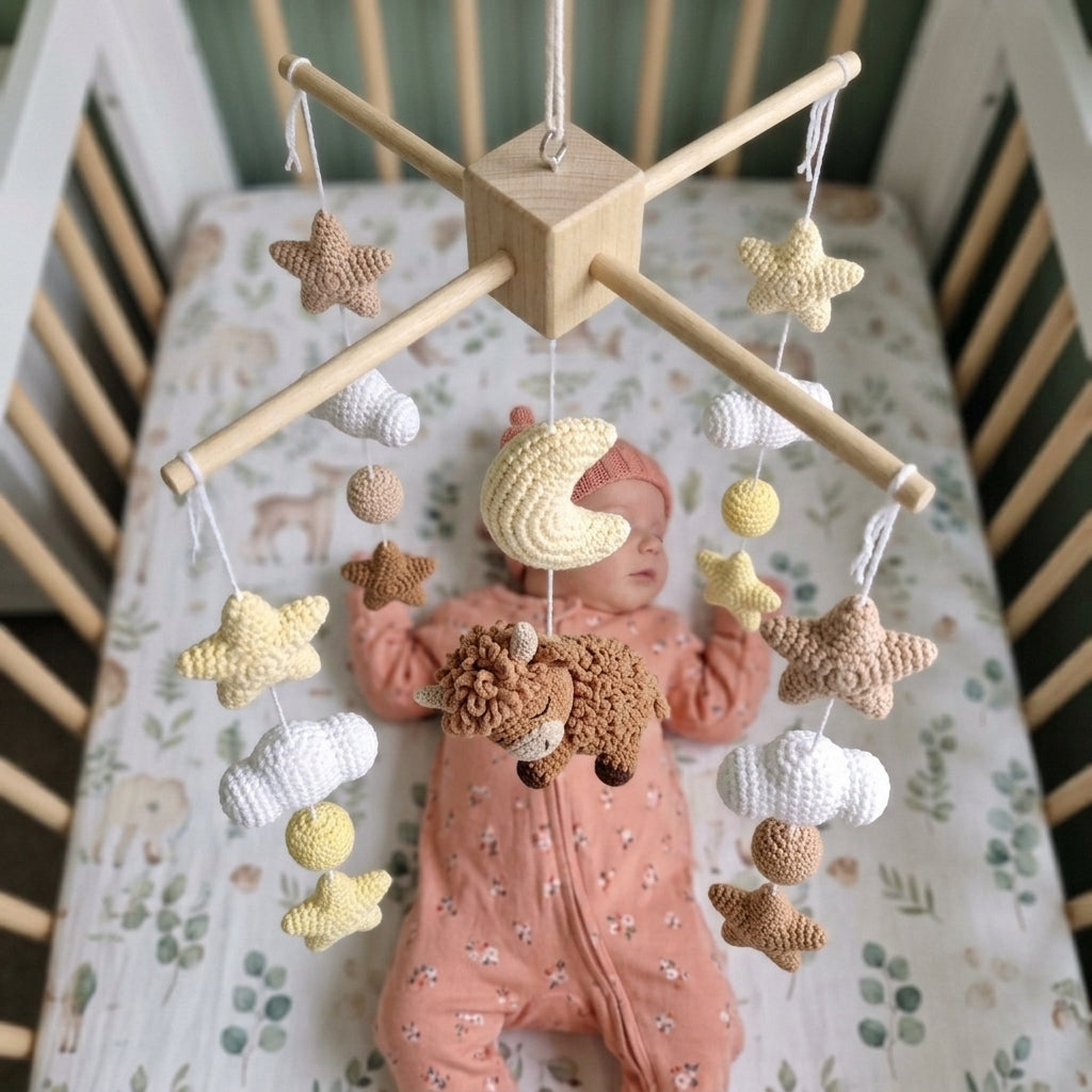 Sleepy Highland Cow Crochet Baby Mobile, Handmade Celestial Crib Hanging with Moon, Clouds and Stars