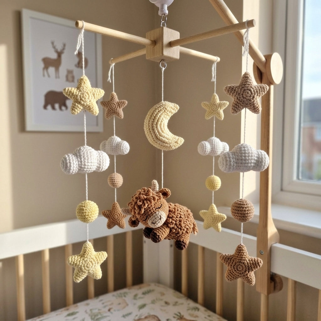 Sleepy Highland Cow Crochet Baby Mobile, Handmade Celestial Crib Hanging with Moon, Clouds and Stars