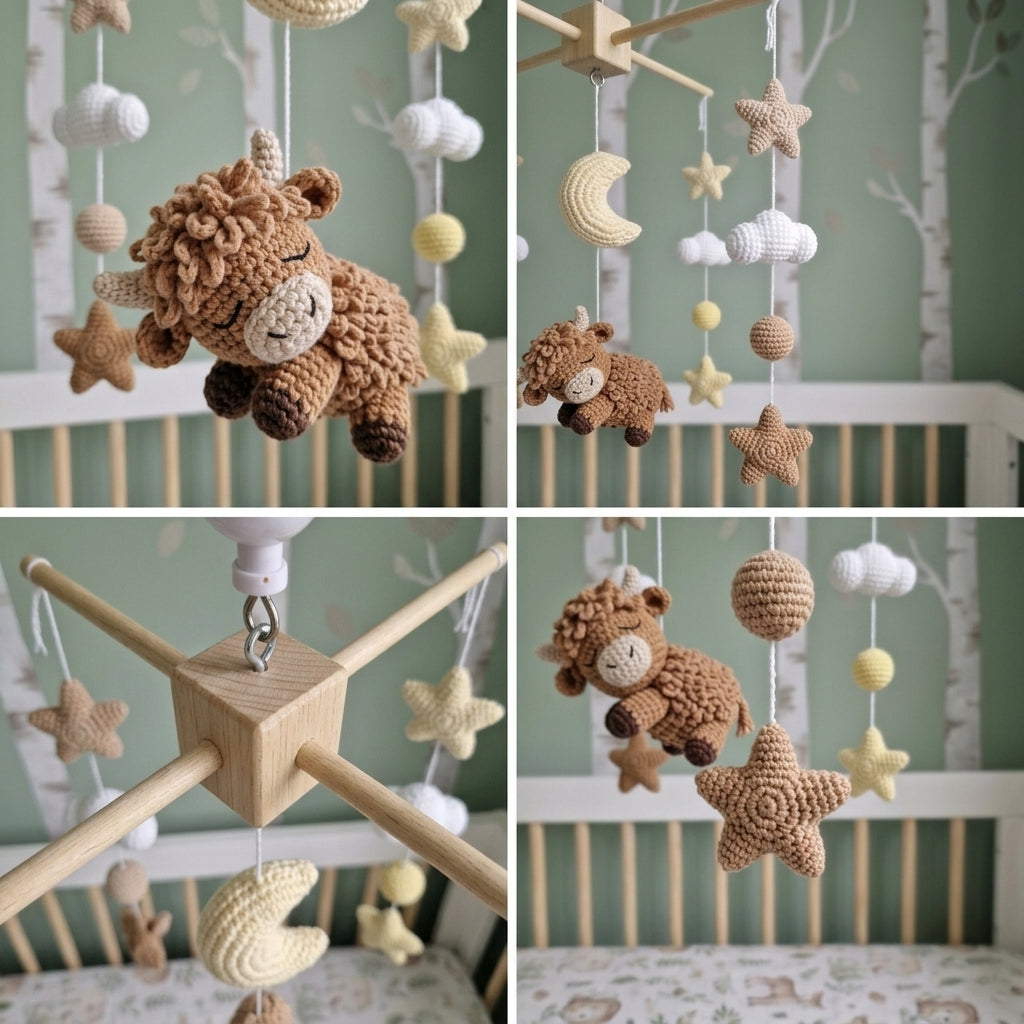 Sleepy Highland Cow Crochet Baby Mobile, Handmade Celestial Crib Hanging with Moon, Clouds and Stars