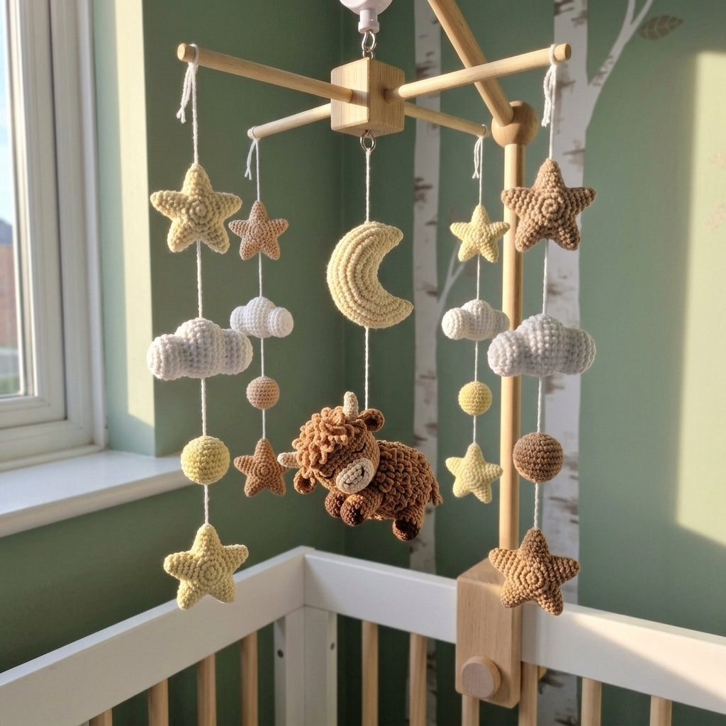 Sleepy Highland Cow Crochet Baby Mobile, Handmade Celestial Crib Hanging with Moon, Clouds and Stars