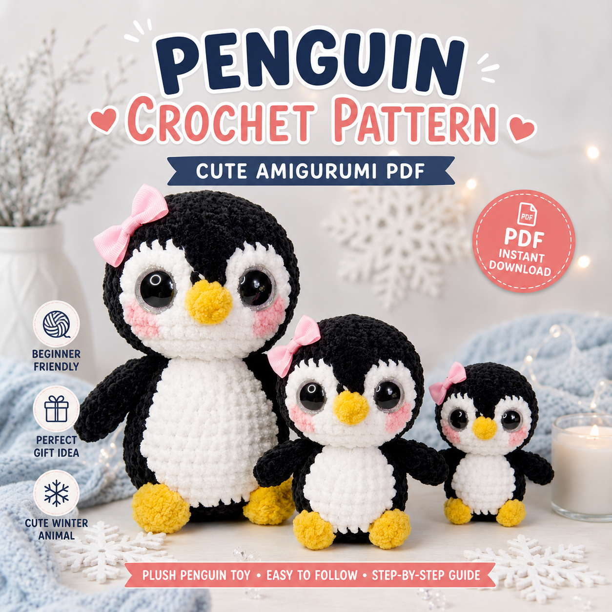 Cute Penguin Crochet Pattern PDF – Amigurumi Penguin Plush with Pink Bow