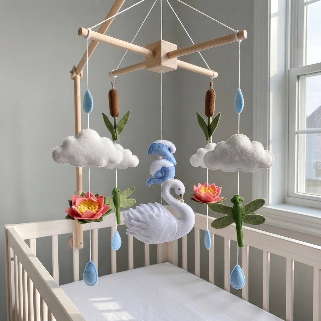 Serene Pond Felt Baby Mobile, Handmade Swan Crib Hanging with Lotus Flowers, Dragonflies and Raindrops