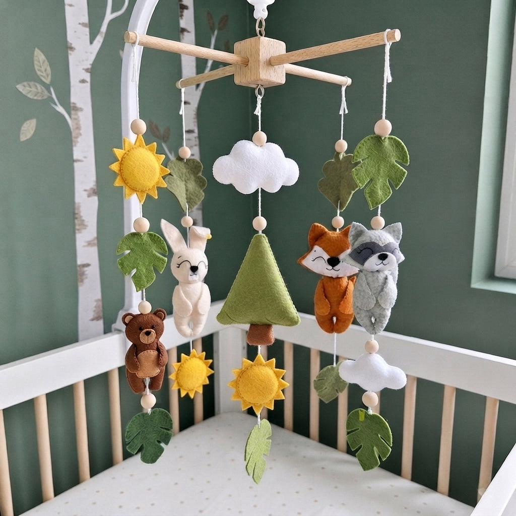 Forest Sunshine Felt Crib Mobile, Handmade Woodland Nursery Hanging with Leaves and Clouds, Nature Baby Gift