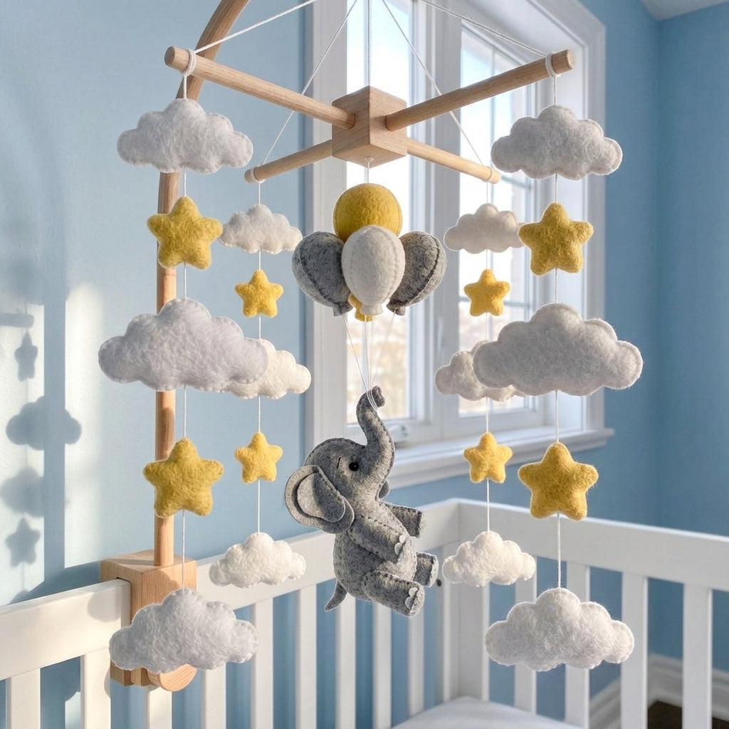 Elephant Felt Baby Mobile, Hot Air Balloon Crib Mobile