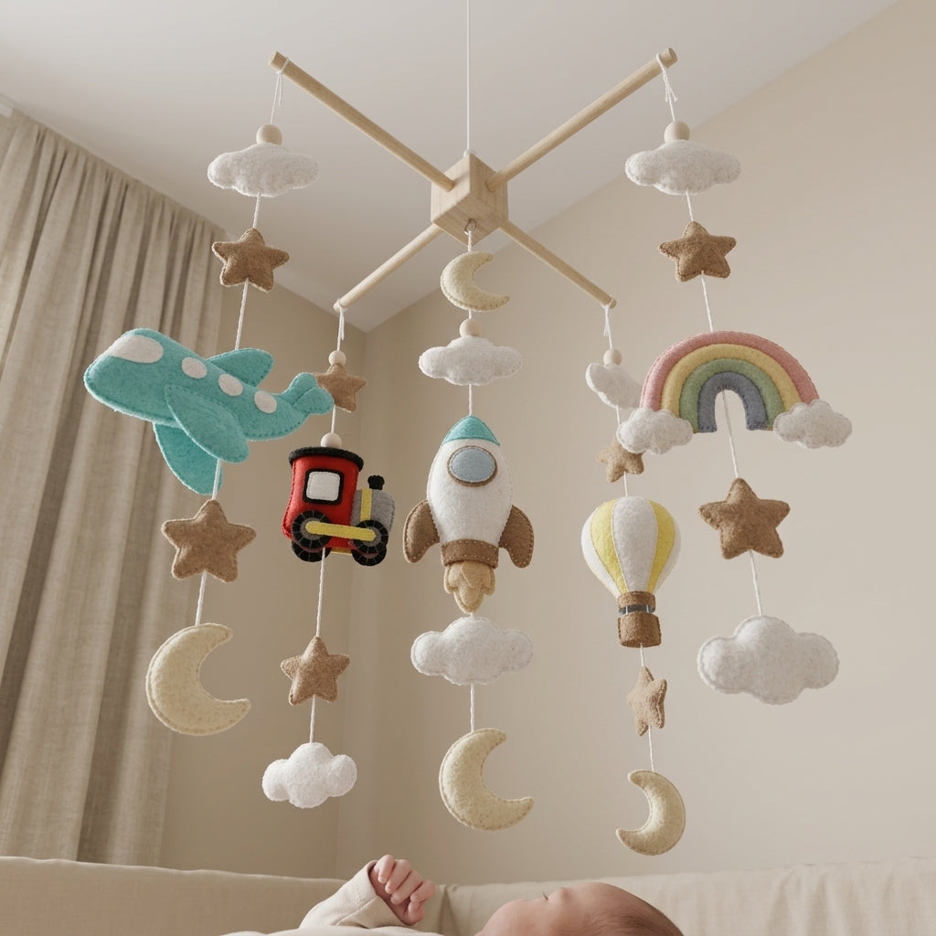 Montessori-Inspired Transportation Felt Baby Mobile, Handmade Vehicle Crib Decor with Airplane, Train and Rocket