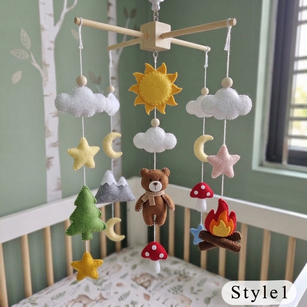 Adventure Felt Nursery Mobile, Handmade Crib Hanging with Campfire, Mountains and Forest Decor