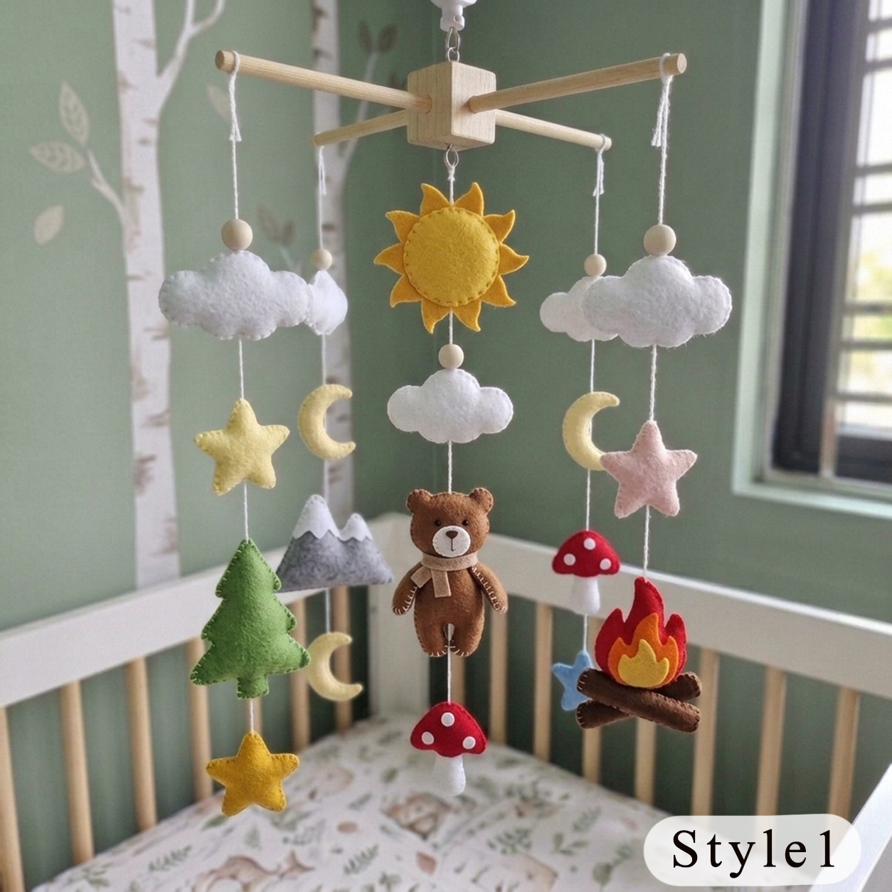 Adventure Felt Nursery Mobile, Handmade Crib Hanging with Campfire, Mountains and Forest Decor