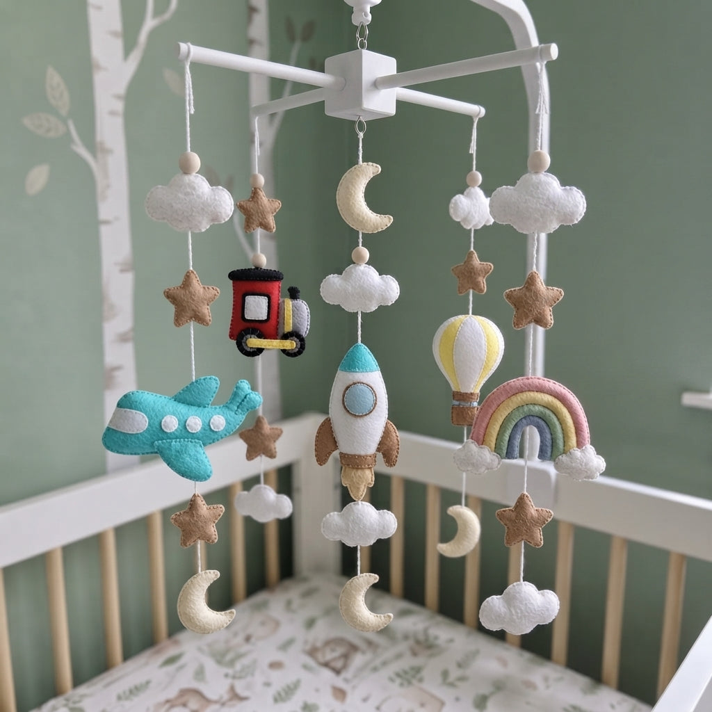 Montessori-Inspired Transportation Felt Baby Mobile, Handmade Vehicle Crib Decor with Airplane, Train and Rocket