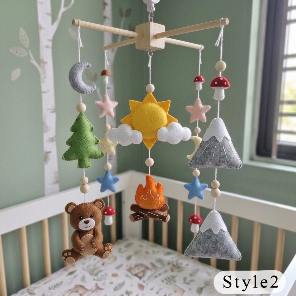 Adventure Felt Nursery Mobile, Handmade Crib Hanging with Campfire, Mountains and Forest Decor