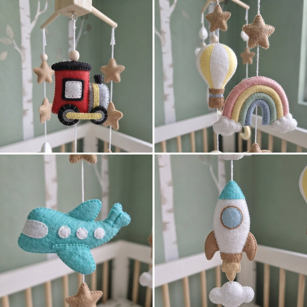 Montessori-Inspired Transportation Felt Baby Mobile, Handmade Vehicle Crib Decor with Airplane, Train and Rocket
