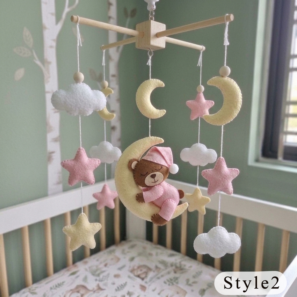 Moon Hugging Bear Felt Baby Mobile, Handmade Celestial Crib Hanging with Stars and Clouds, Pink Nursery Decor