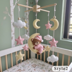 Moon Hugging Bear Felt Baby Mobile, Handmade Celestial Crib Hanging with Stars and Clouds, Pink Nursery Decor