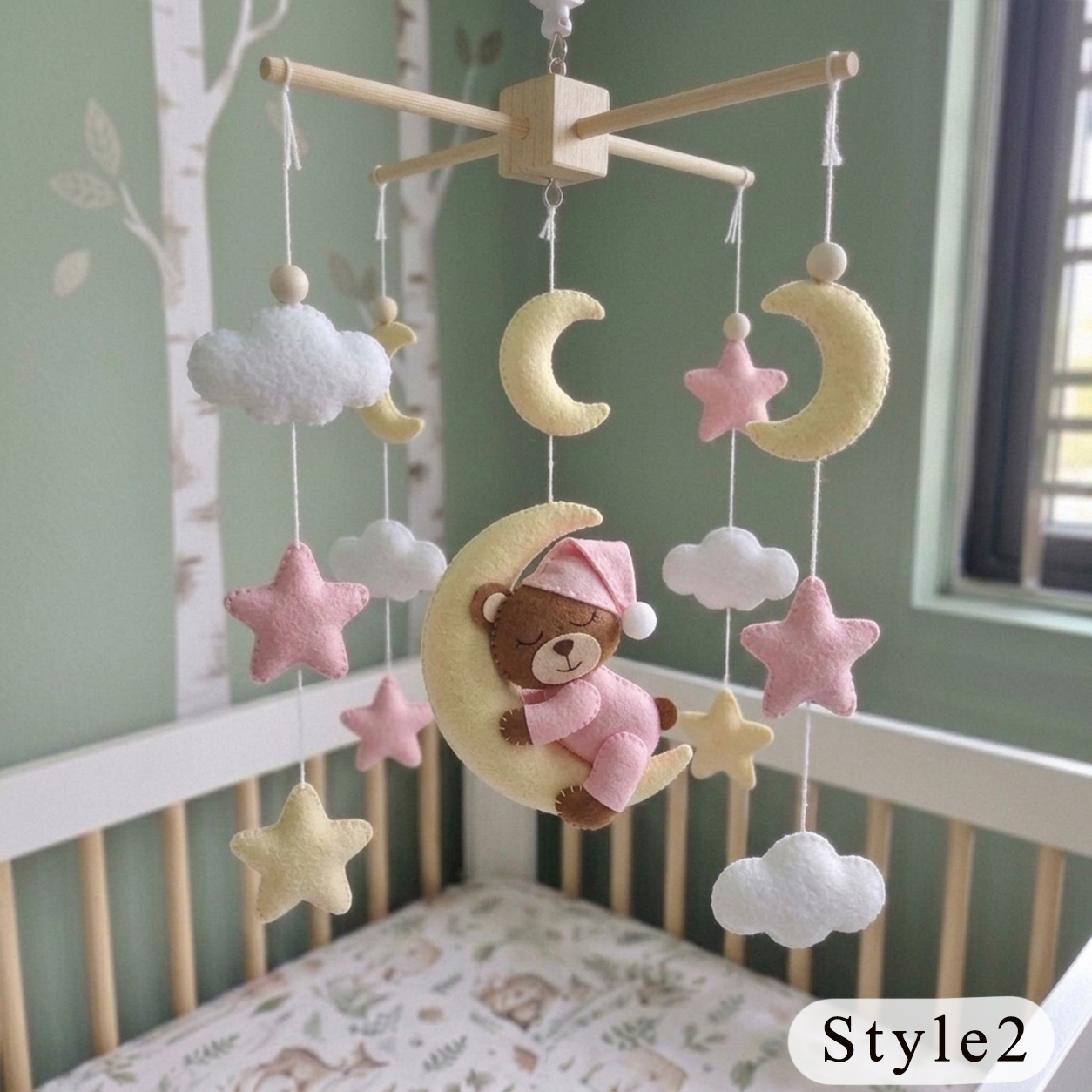 Moon Hugging Bear Felt Baby Mobile, Handmade Celestial Crib Hanging with Stars and Clouds, Pink Nursery Decor