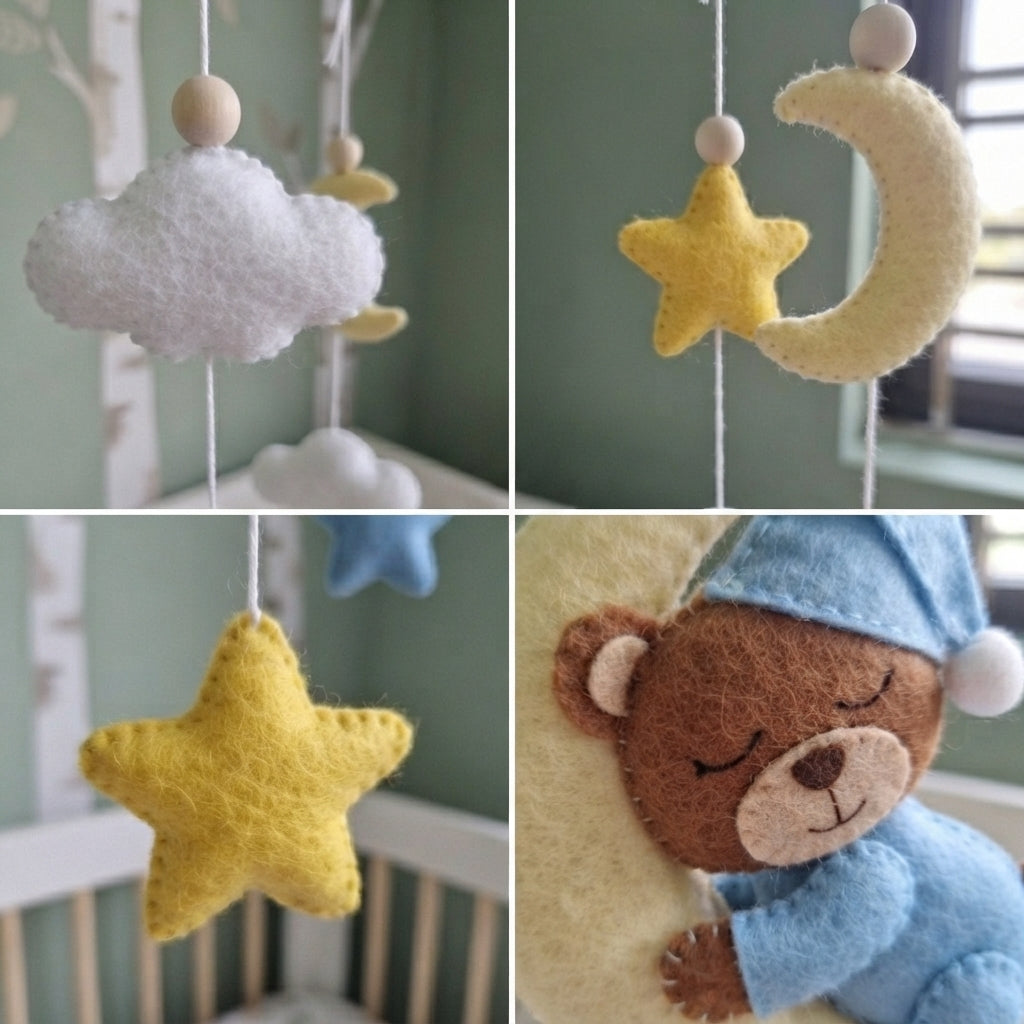Moon Hugging Bear Felt Baby Mobile, Handmade Celestial Crib Hanging with Stars and Clouds, Pink Nursery Decor
