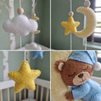 Moon Hugging Bear Felt Baby Mobile, Handmade Celestial Crib Hanging with Stars and Clouds, Pink Nursery Decor