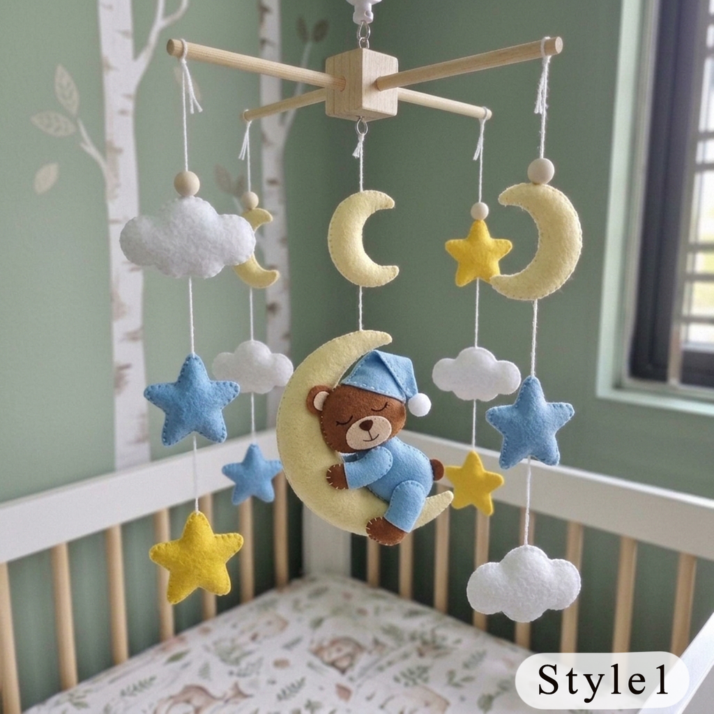 Moon Hugging Bear Felt Baby Mobile, Handmade Celestial Crib Hanging with Stars and Clouds, Pink Nursery Decor