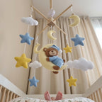 Moon Hugging Bear Felt Baby Mobile, Handmade Celestial Crib Hanging with Stars and Clouds, Pink Nursery Decor