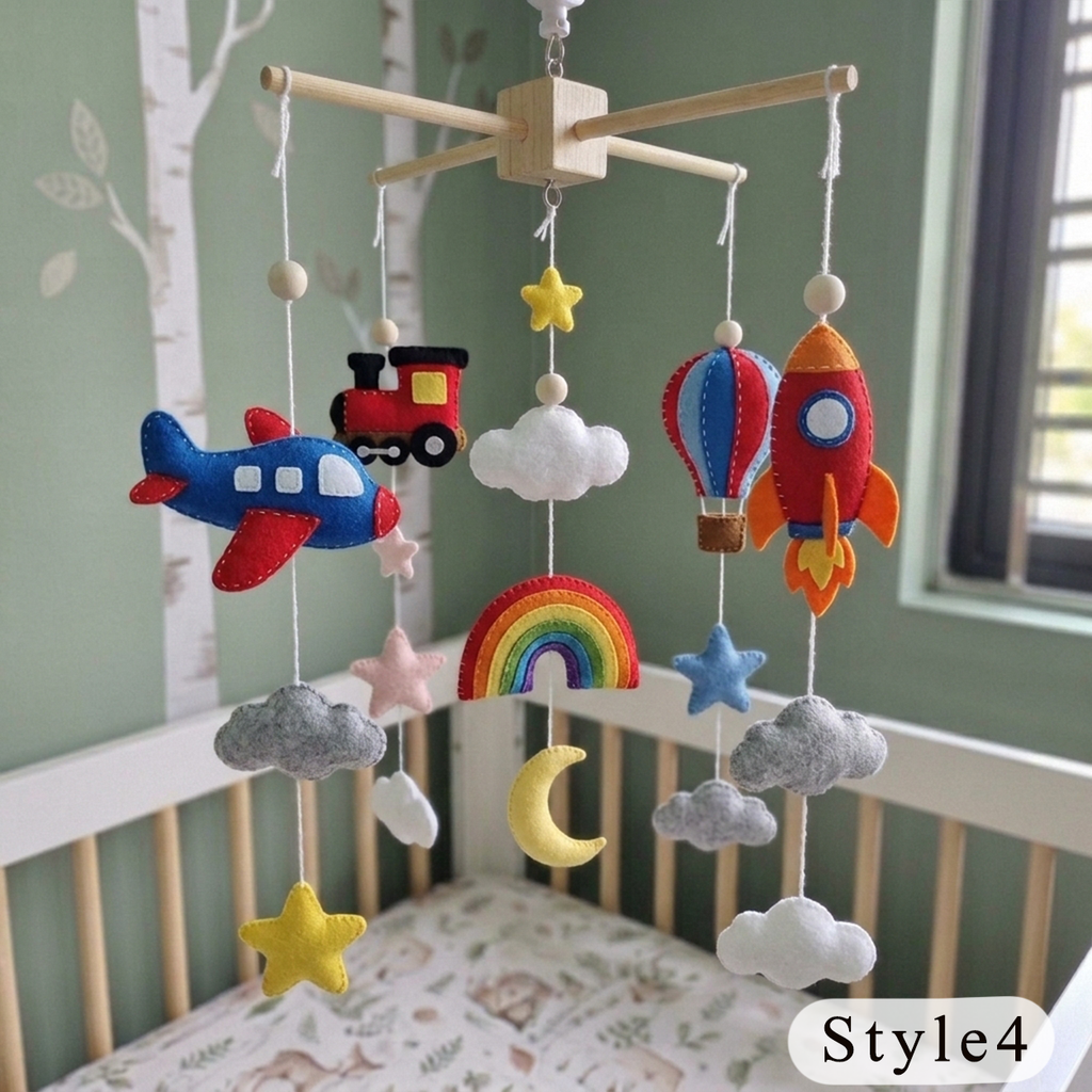 Montessori-Inspired Transportation Felt Baby Mobile, Handmade Vehicle Crib Decor with Airplane, Train and Rocket