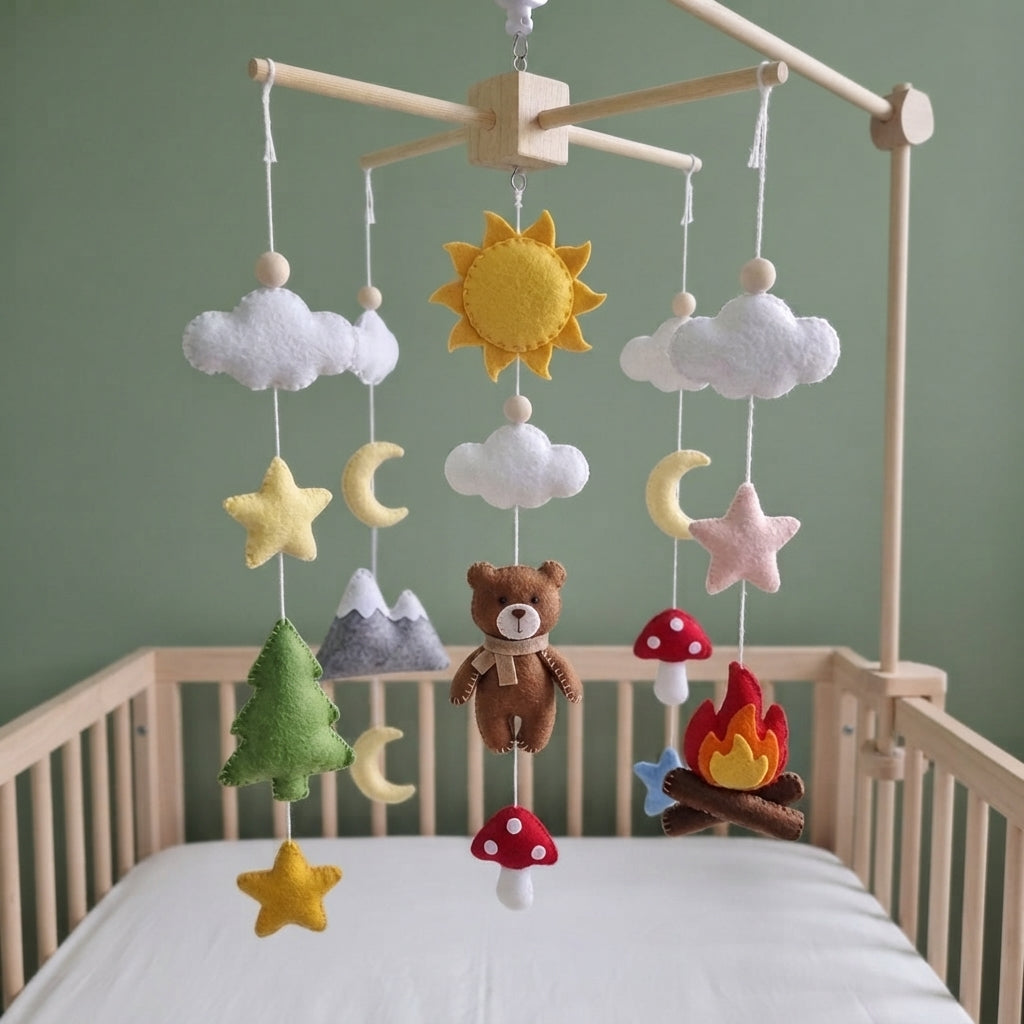 Adventure Felt Nursery Mobile, Handmade Crib Hanging with Campfire, Mountains and Forest Decor