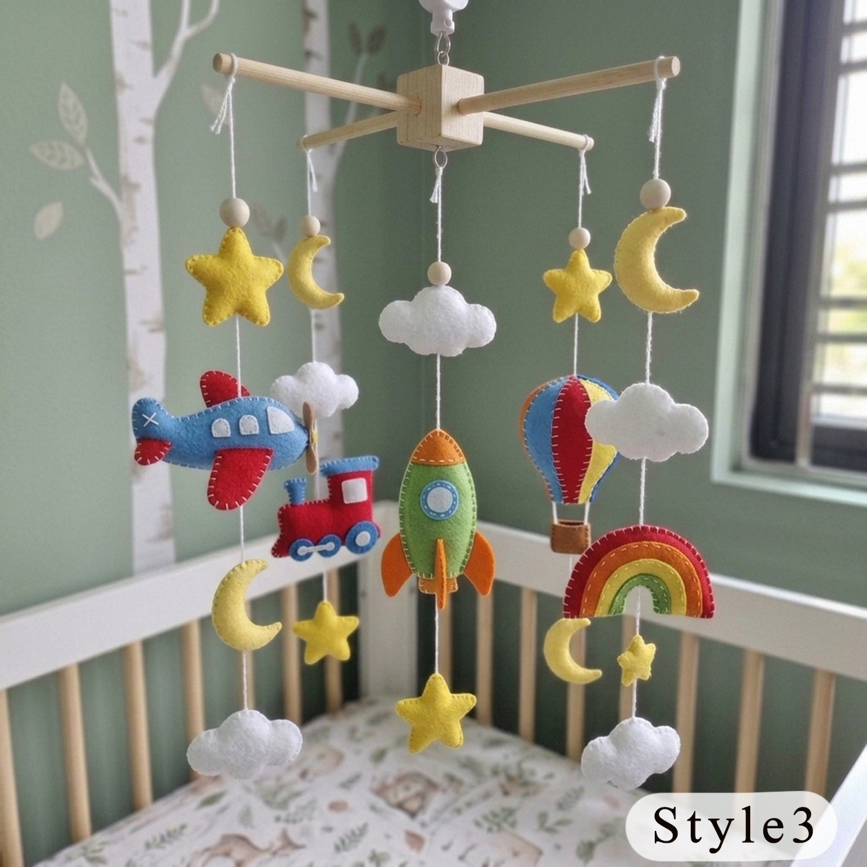 Montessori-Inspired Transportation Felt Baby Mobile, Handmade Vehicle Crib Decor with Airplane, Train and Rocket