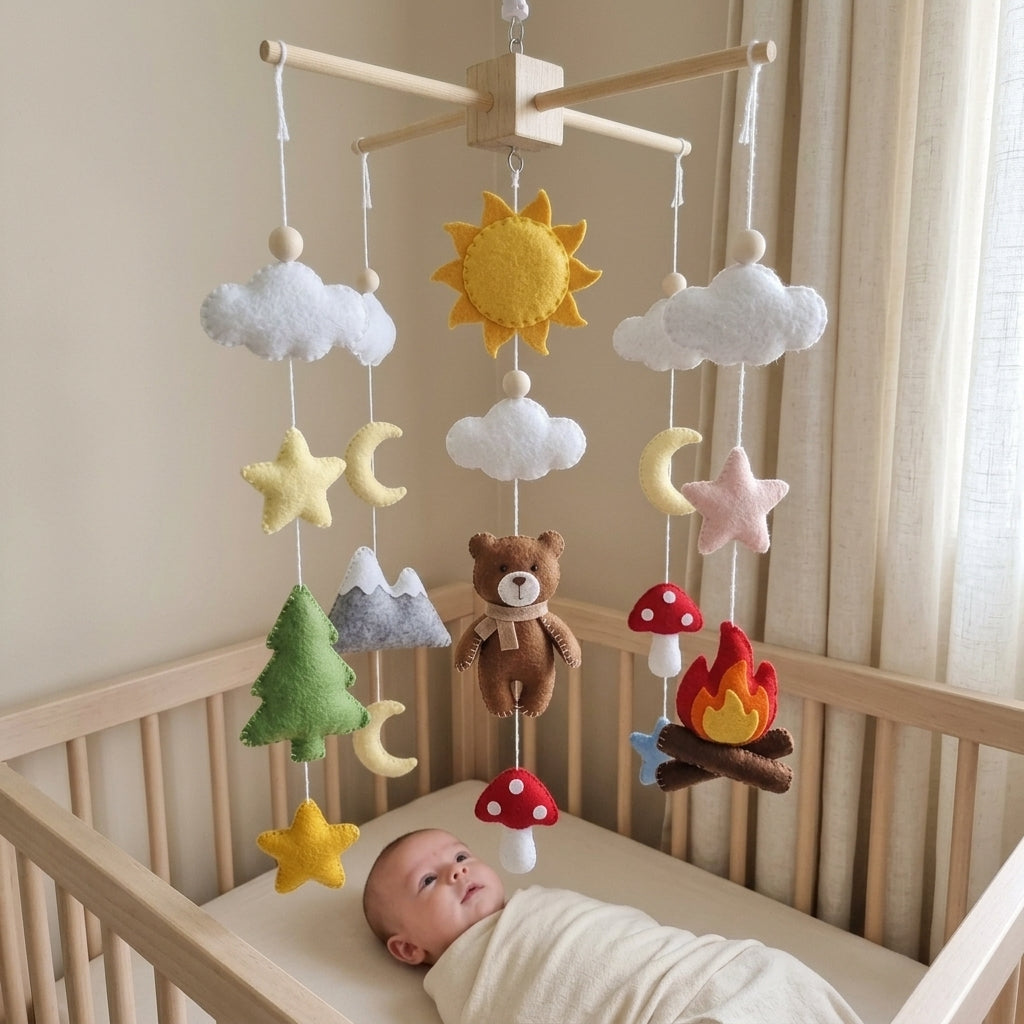 Adventure Felt Nursery Mobile, Handmade Crib Hanging with Campfire, Mountains and Forest Decor