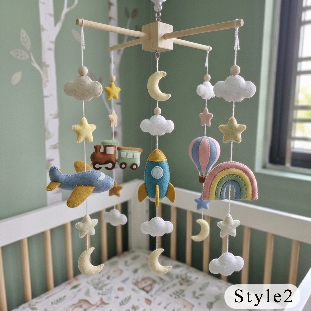 Montessori-Inspired Transportation Felt Baby Mobile, Handmade Vehicle Crib Decor with Airplane, Train and Rocket