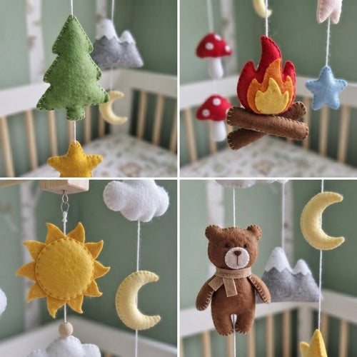 Adventure Felt Nursery Mobile, Handmade Crib Hanging with Campfire, Mountains and Forest Decor