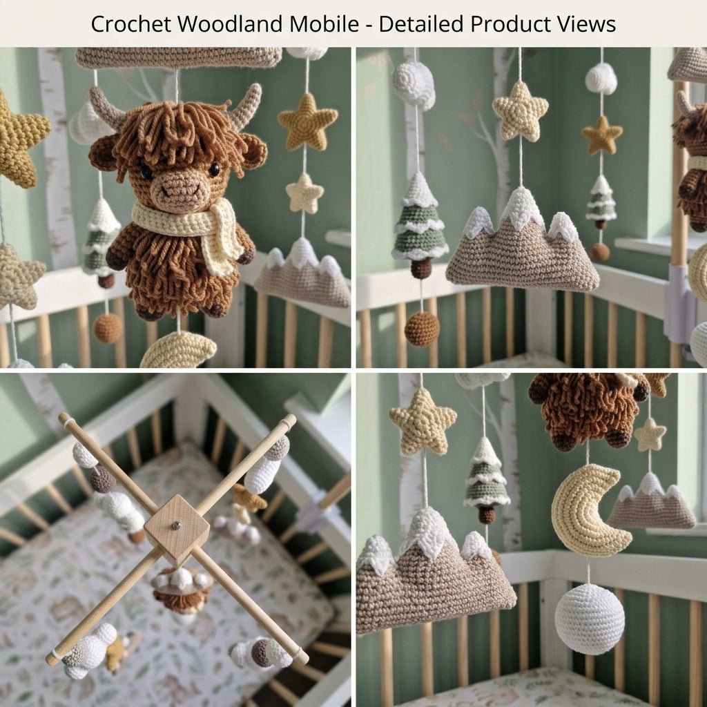 Winter Highland Cow Crochet Nursery Mobile, Snowy Mountain Crib Hanging with Pine Trees, Moon, Clouds and Stars