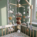 Winter Highland Cow Crochet Nursery Mobile, Snowy Mountain Crib Hanging with Pine Trees, Moon, Clouds and Stars