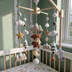 Winter Highland Cow Crochet Nursery Mobile, Snowy Mountain Crib Hanging with Pine Trees, Moon, Clouds and Stars