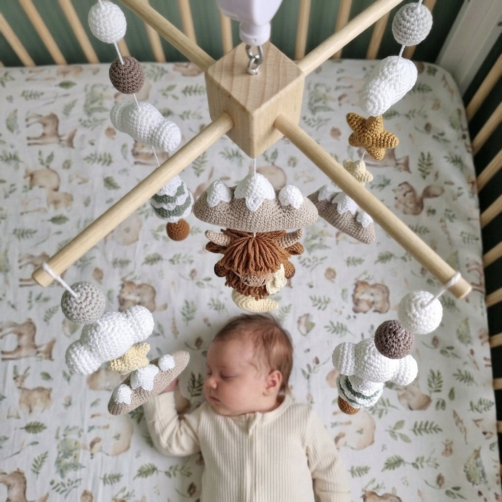 Winter Highland Cow Crochet Nursery Mobile, Snowy Mountain Crib Hanging with Pine Trees, Moon, Clouds and Stars