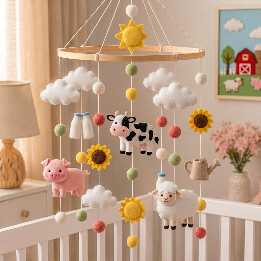 Handmade Felt Farm Animal Baby Mobile – Cow, Pig & Sheep Nursery Decor
