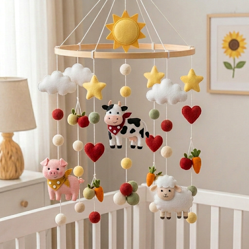 Handmade Felt Farm Animal Baby Mobile – Cow, Pig & Sheep Nursery Decor
