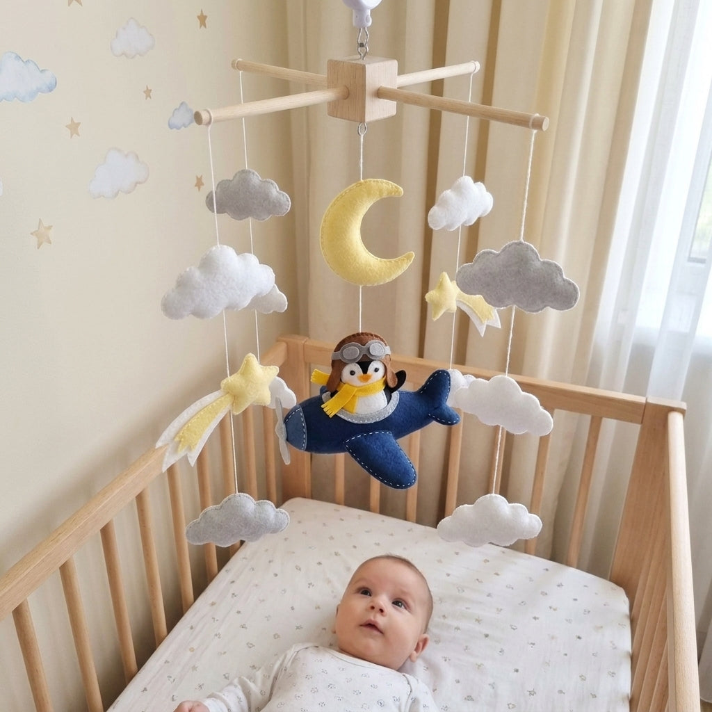 Penguin Pilot Felt Baby Mobile, Handmade Airplane Crib Hanging with Moon, Shooting Stars and Clouds