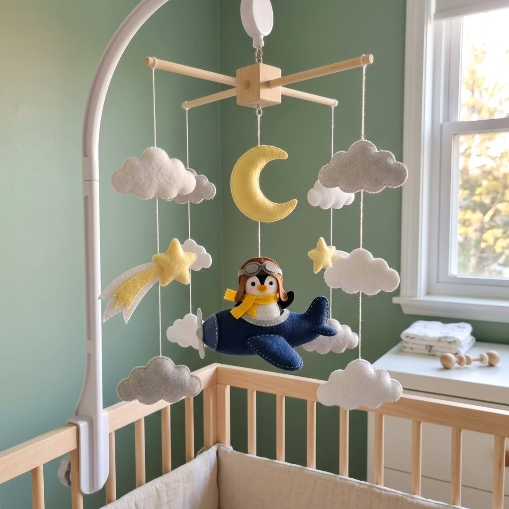 Penguin Pilot Felt Baby Mobile, Handmade Airplane Crib Hanging with Moon, Shooting Stars and Clouds
