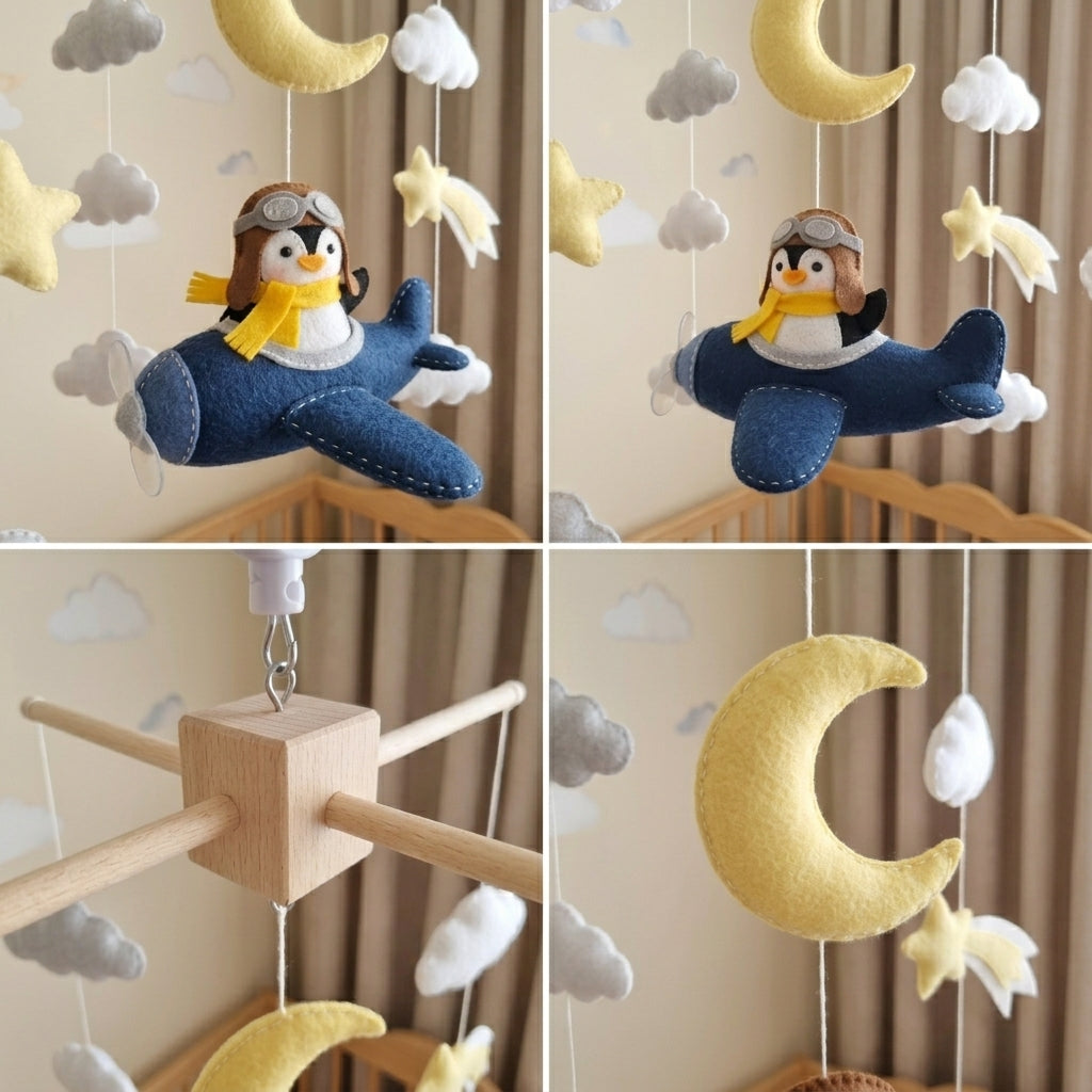Penguin Pilot Felt Baby Mobile, Handmade Airplane Crib Hanging with Moon, Shooting Stars and Clouds