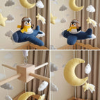 Penguin Pilot Felt Baby Mobile, Handmade Airplane Crib Hanging with Moon, Shooting Stars and Clouds