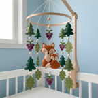 Fox Family Forest Felt Baby Mobile, Handmade Nursery Crib Hanging with Pine Trees, Oak Leaves and Berries