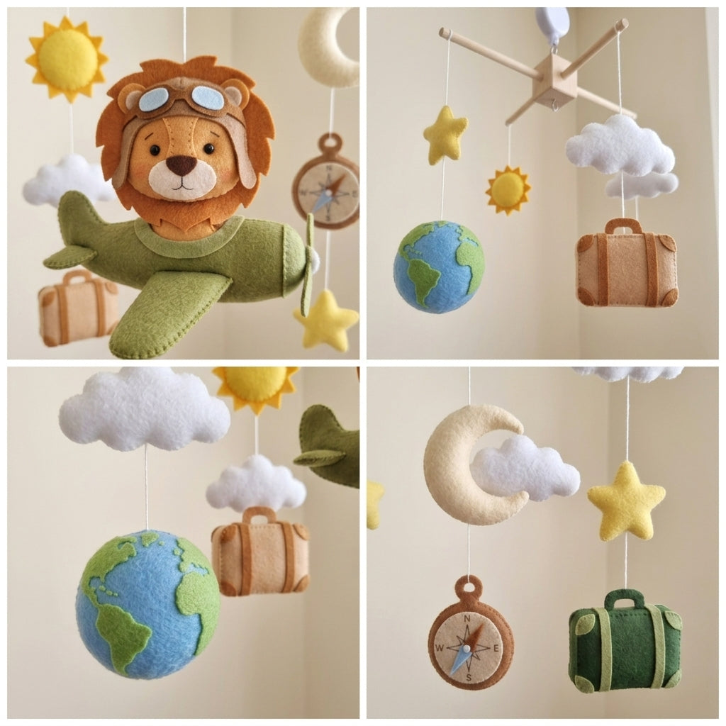 Little Explorer Lion Felt Baby Mobile, Handmade Travel Crib Hanging with Airplane, Globe, Compass and Suitcases