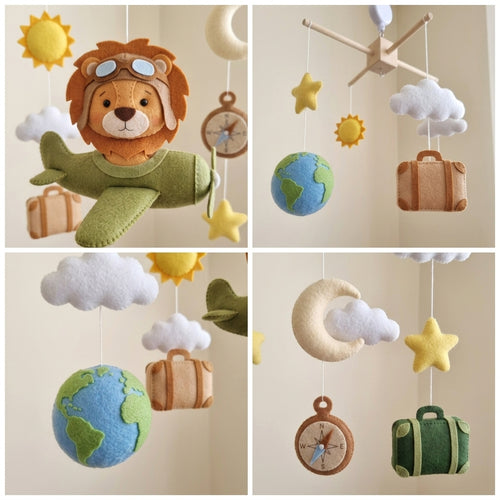 A four-panel collage showing a felt baby mobile with safari-themed hanging decorations, including a lion wearing aviator goggles, a green airplane, clouds, suns, a globe, compass, and luggage.