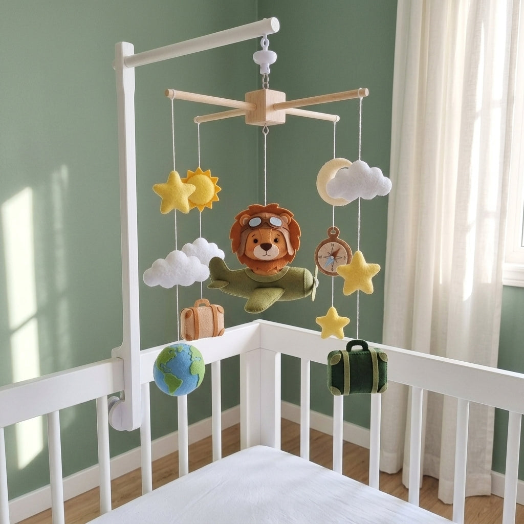 Little Explorer Lion Felt Baby Mobile, Handmade Travel Crib Hanging with Airplane, Globe, Compass and Suitcases