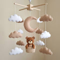Moon Basket Bear Felt Baby Mobile, Handmade Neutral Crib Hanging with Crescent Moon and Soft Clouds
