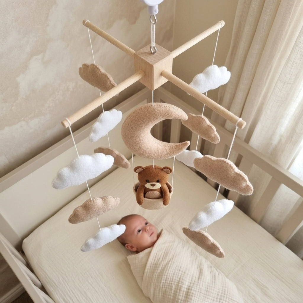Moon Basket Bear Felt Baby Mobile, Handmade Neutral Crib Hanging with Crescent Moon and Soft Clouds