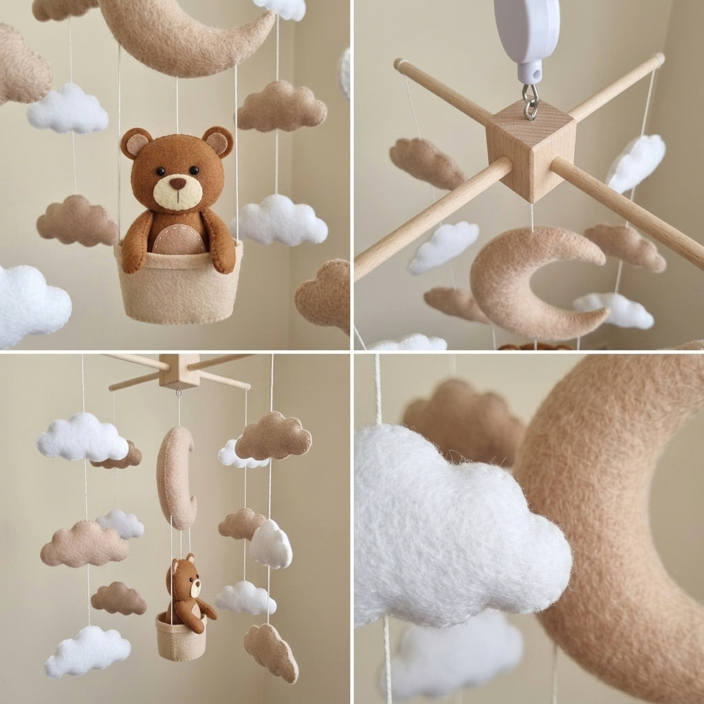 Moon Basket Bear Felt Baby Mobile, Handmade Neutral Crib Hanging with Crescent Moon and Soft Clouds