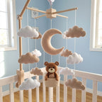 Moon Basket Bear Felt Baby Mobile, Handmade Neutral Crib Hanging with Crescent Moon and Soft Clouds