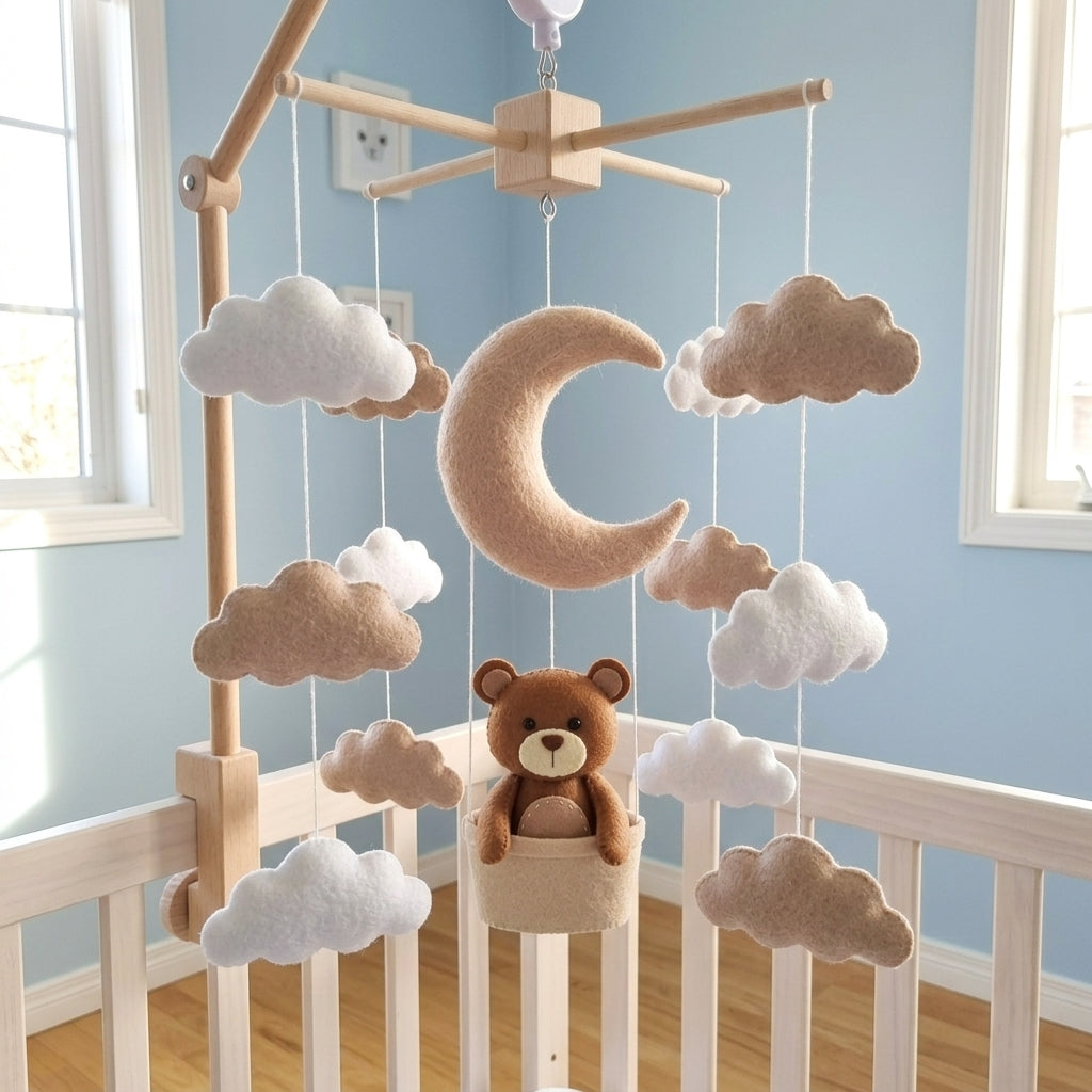 Moon Basket Bear Felt Baby Mobile, Handmade Neutral Crib Hanging with Crescent Moon and Soft Clouds