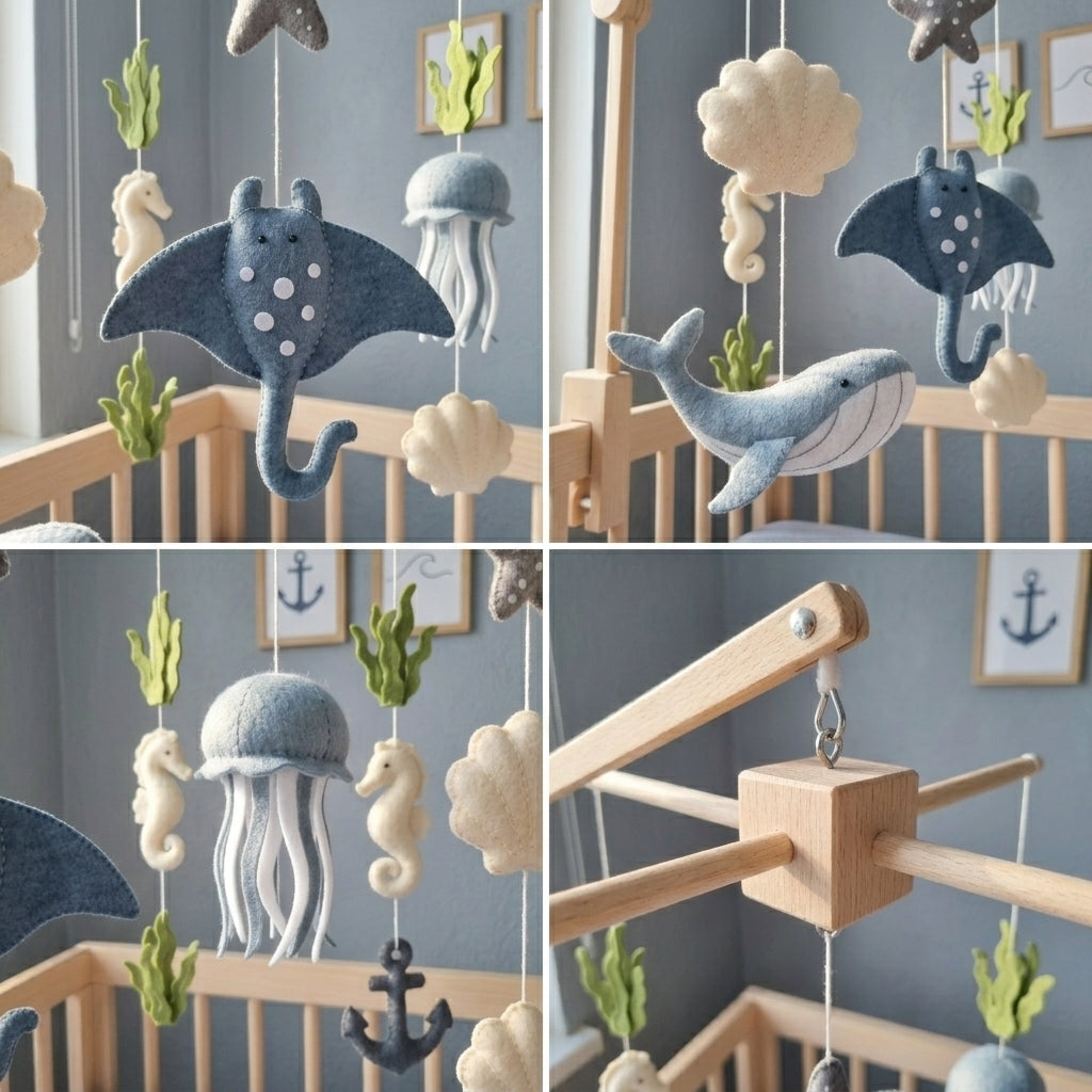 Felt Ocean Baby Mobile, Manta Ray Whale Seahorse Crib Decor, Under the Sea Nursery Hanging, Nautical Baby Shower Gift for Boy or Girl
