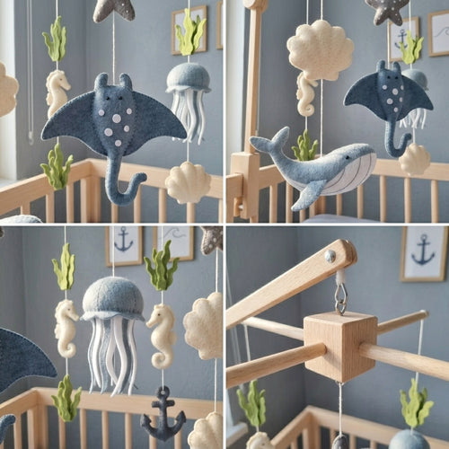 A four-panel collage showing a baby mobile hanging in a crib. The mobile features felt sea-themed shapes including a blue whale, jellyfish, seahorse, anchors, starfish, and cream clouds, suspended from a natural wood mobile arm against a soft blue-gray wall.
