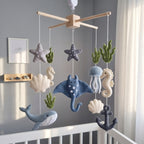Felt Ocean Baby Mobile, Manta Ray Whale Seahorse Crib Decor, Under the Sea Nursery Hanging, Nautical Baby Shower Gift for Boy or Girl