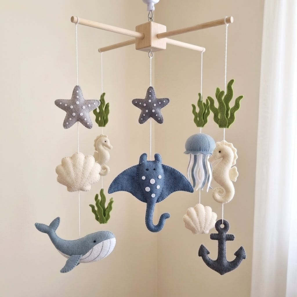 Felt Ocean Baby Mobile, Manta Ray Whale Seahorse Crib Decor, Under the Sea Nursery Hanging, Nautical Baby Shower Gift for Boy or Girl